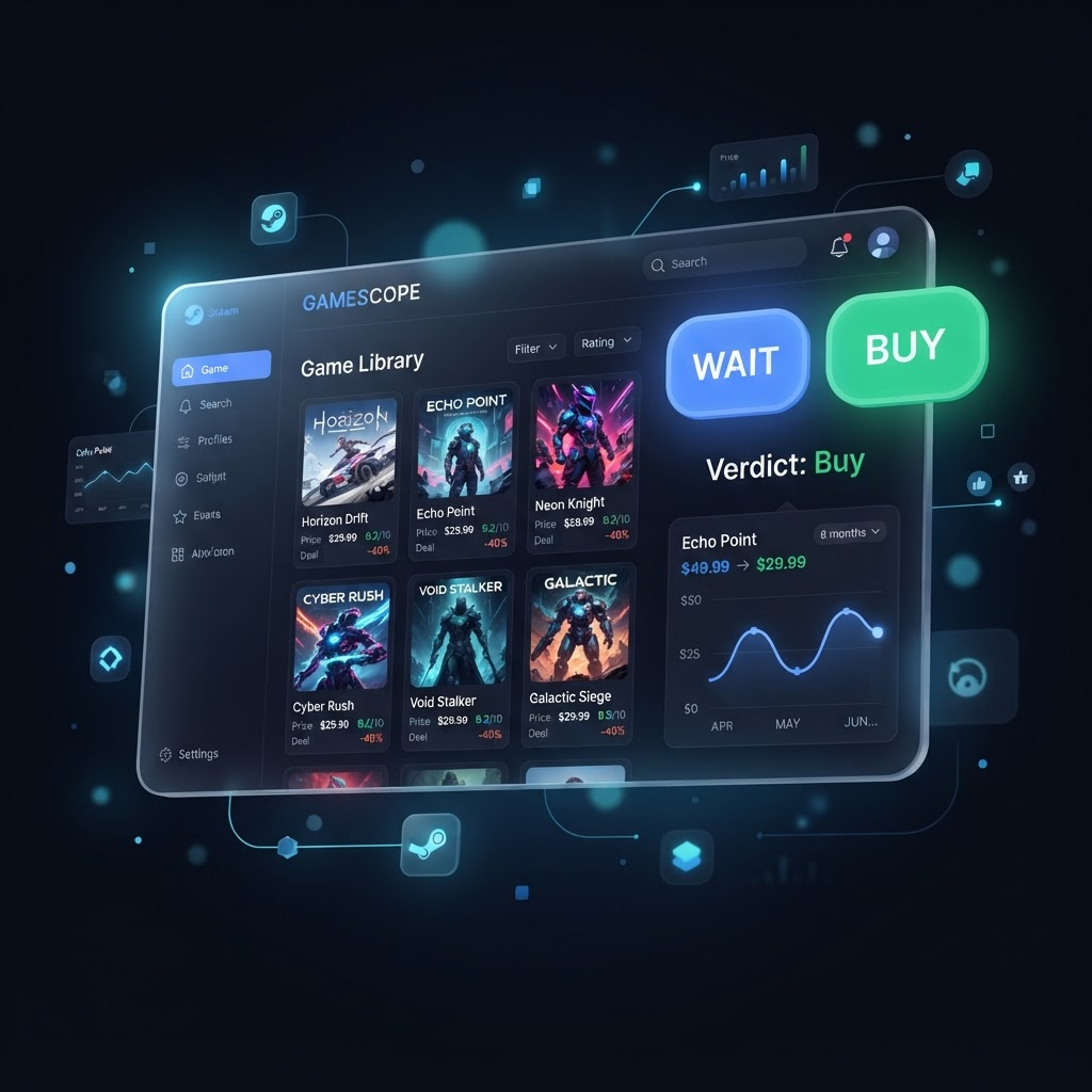 BuyOrWait dashboard showing a game with a Wait recommendation, price history and library insights